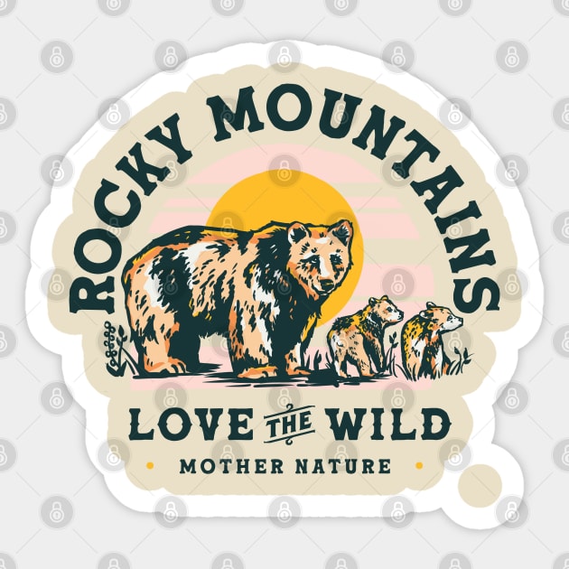 Rocky Mountains Travel Art Design Featuring A Grizzly Bear Sticker by The Whiskey Ginger